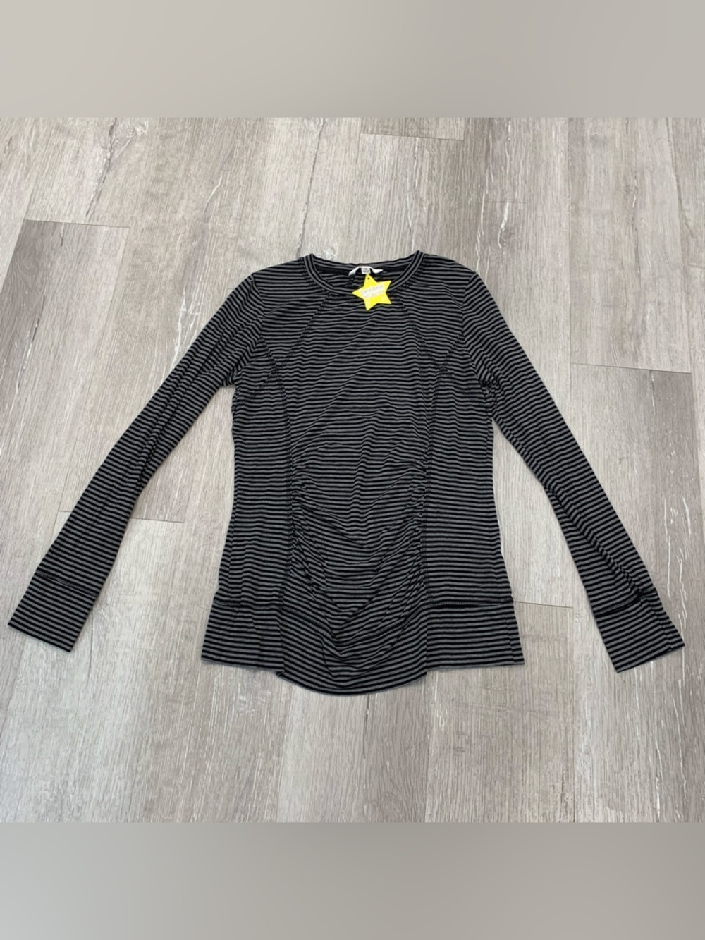 CAbi VINTAGE Black & Gray Striped Long-Sleeve Ruched Front Top